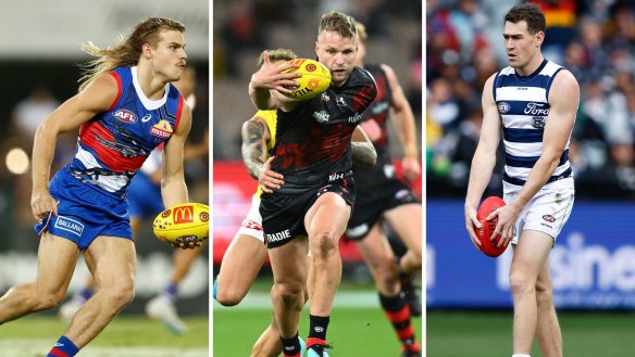 From left: The Western Bulldogs’ Bailey Smith, Essendon’s Jake Stringer, and Geelong’s Jeremy Cameron.