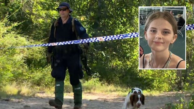 Police sniffer dogs were brought in to search for 17-year-old Pheobe Bishop early in the search; (Inset) Pheobe.