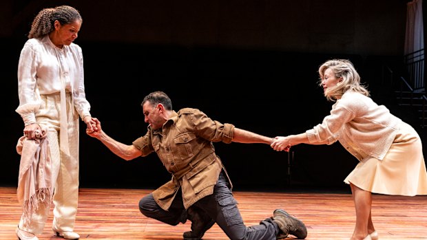 Brigid Zengeni, Hadem Shammas and Suzannah McDonald in a scene from Coriolanus.