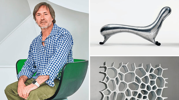 Designer Marc Newson, his Lockheed Lounge and Voronoi Shelf.
