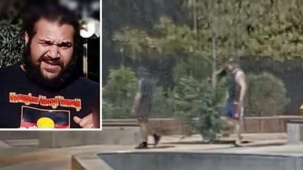 Jay Joseph Mills, inset, and CCTV released by police after the assault at a skatepark in Midvale in 2022.