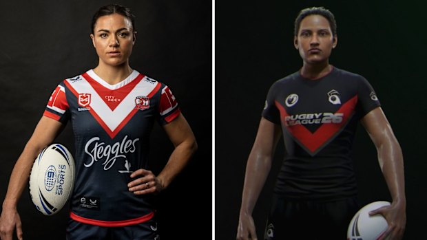 Millie Elliott (Boyle) in real life (left) and as her Rugby League 26 video game character (right).