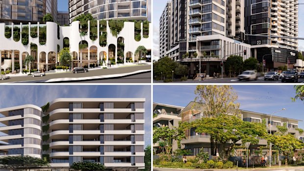 Deputy Premier Jarrad Bleijie has (clockwise from top left) approved a 479-unit development at Indooroopilly, and a 440-unit development at Woolloongabba, but proposed blocking a 73-unit development at Redland Bay and blocked a 40-unit development at Tewantin.