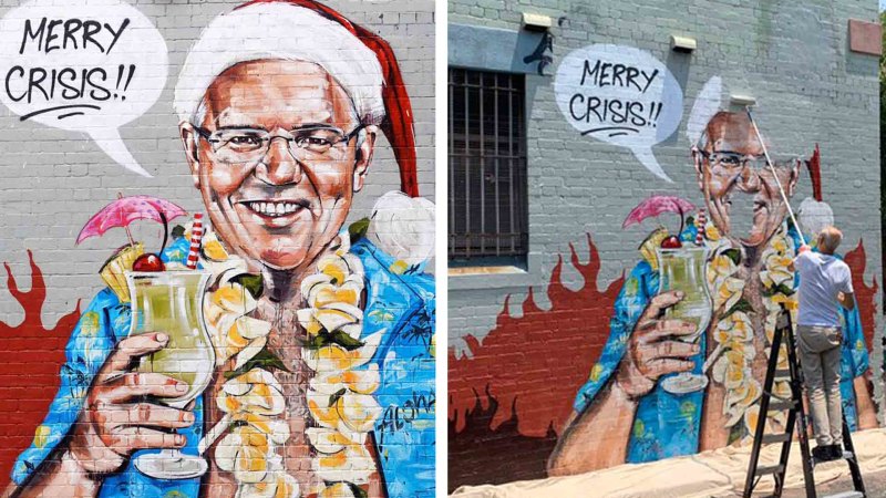 Hawaiian Themed Mural Of Prime Minister Scott Morrison In Sydney S Inner West Painted Over