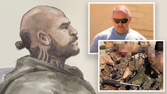 David Pye murder trial - Bikie accused of ordering hit on ex-Rebels boss Nick Martin. Court sketch of Pye, inset: Nick Martin, and the former soldier who admitted killing Martin.