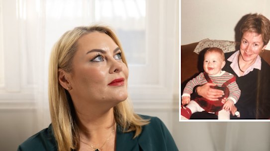 Rebecca Featherstone in 2025, and with her mother, Judy, as one of the world’s first IVF babies. 