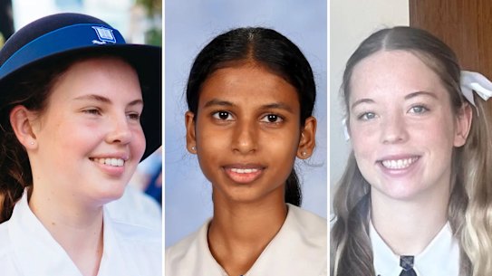 Brisbane school students Olivia King, Rasika Sudhahar and Tatiana Edelman.