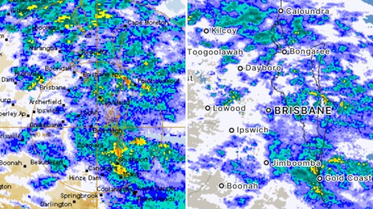 How Tuesday’s wet weather in Brisbane appears on the old BOM radar (left) compared to the updated website (right).