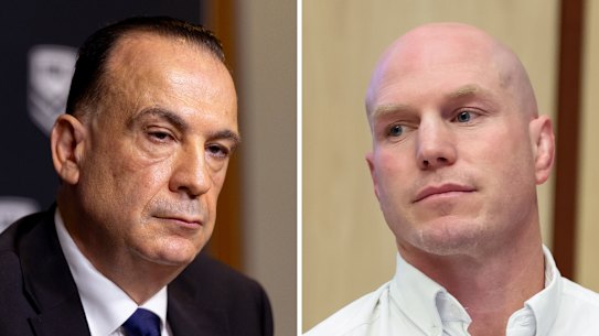 At odds … Acting NRL chief executive Peter V’landys and independent senator David Pocock.