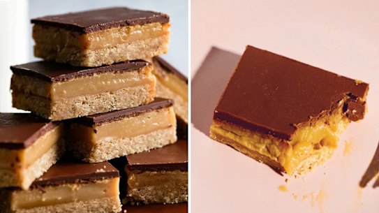 RecipeTin Eats’ caramel slice (left) and Brooke Bellamy’s recipe from her cookbook Bake with Brooki.