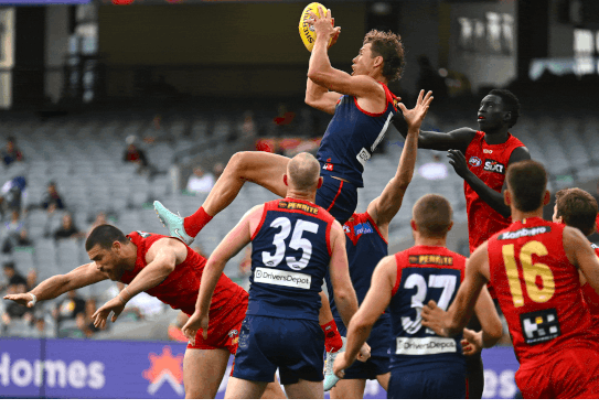 Jake Melksham flies high to mark over the pack in Melbourne’s victory.