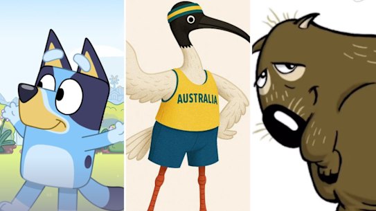 A composite image of Bluey, Ian the Ibis and Fatso - all potential Brisbane 2032 Olympic mascots.