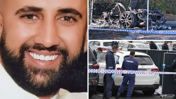 Robert Issa; the burnt-out car believed to have been used in the shooting; police at the scene.