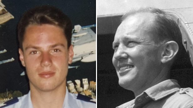 Composite of Brisbane Lord Mayor Adrian Schrinner in his days as an air force pilot, with decorated American pilot John R Alison.
