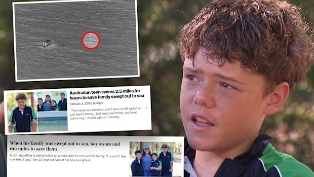 Perth student Austin Appelbee, 13, has made headlines around the world after he swam four kilometres and ran another two kilometres to save his mother and siblings who were stranded in the ocean off WA’s South West. 