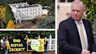 Clockwise from top-left: The Royal Lodge, Prince Andrew, activists from the anti-monarchy group Republic, stage a protest at the entrance to Windsor Great Park and Royal Lodge where Prince Andrew lives. Credit: Supplied, AP, Getty Images