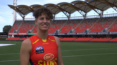In a happy place: The Gold Coast Suns’ Tori Groves-Little ahead of 2022 AFLW pride round.
