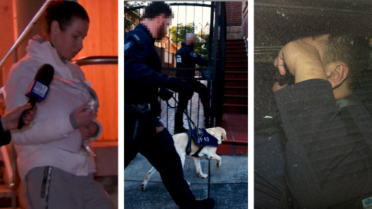 From left: Caitlin Hall leaving Sydney Police Centre on Tuesday; Officers prepare to enter a property in Earlwood; George Alex was arrested in Gold Coast. 