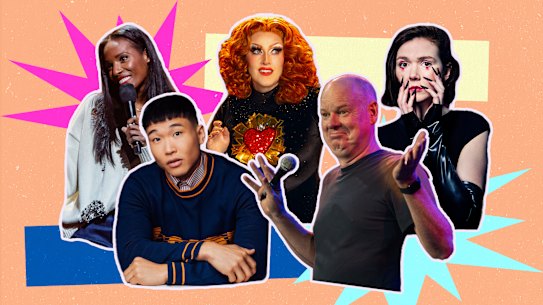 Clockwise from top left: Zainab Johnson, Geraldine Quinn, Elf Lyons, Tom Gleeson, Joel Kim Booster