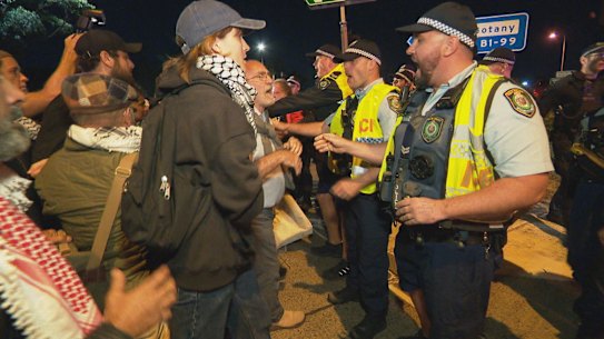 Anti-Israel protesters at Port Botany on Sunday night.