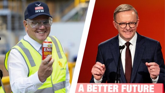 Composite - Prime Minister Scott Morrison tours the Tooheys Brewery with the member for Reid Fiona Martin in Lidcombe on 18 November, 2021. Photo: Brook Mitchell
Federal Labor Leader, Hon. Anthony Albanese MP in Ashfield delivering a speech to Labor supporters around his plans for Australia’s future.5th Dec 2021. Photo: Edwina Pickles / SMH
