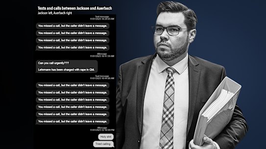 Text messages between Spotlight producers Taylor Auerbach and Steve Jackson concerning Bruce Lehrmann. Illustration by Marija Ercegovac.