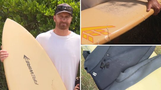 Surfer Paul Zvirzdinas was attacked by a shark which took a bite out of his board and his wetsuit.