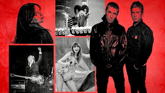 Australians are spending on big name stars like (clockwise from top left) Billie Eilish, Lady Gaga, Oasis, Taylor Swift and Paul McCartney – but not smaller local gigs.