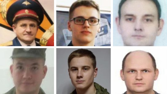 Clockwise from top-left: Aleksandr Vladimirovich Osadchuk, Nikolay Aleksandrovich Korchagin, Yevgeniy Mikhaylovich Serebriakov, Yuriy Federovich Denisov, Vladislav Yevgenyevich Borovkov and Artem Valeryvich Ochichenko.  