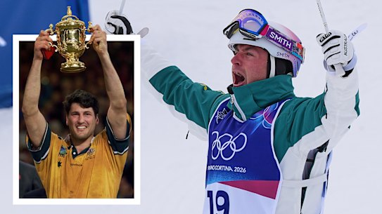 Coopper Woods used a technique taught to him by John Eales when he won his gold medal in the moguls men’s final.