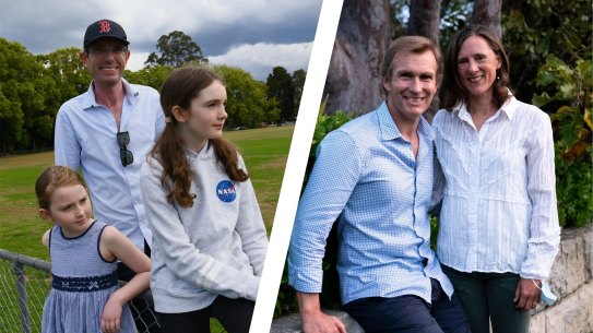 Composite - Photographs show NSW Treasurer Dominic Perrottet with his two young girls Amelia, 10 and Charlotte, 12 on Epping oval this afternoon. Perrottet is the front runner to replace Gladys Berejiklian as premier after her shock resignation an hour after the watchdog, the ICAC announced an inquiry into her conduct. Photographs taken Saturday 2nd October 2021. photographs by Dean Sewell.

Rob Stokes and wife Sophie Stokes. NSW Planning Minister Rob Stokes nominates to become NSW Premier after the Gladys Berejiklian resigned due to an investigation by ICAC. Pittwater, October 2, 2021. Photo: Rhett Wyman