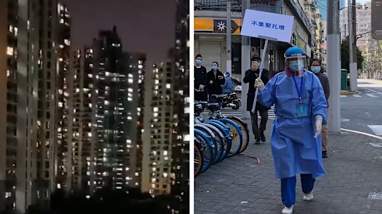 Left: Shanghai apartments. Right: A worker in protective gear holds a sign which reads “Do not crowd” during a mass testing day for residents in a lockdown area in the Jingan district of western Shanghai Monday, April 4, 2022. 