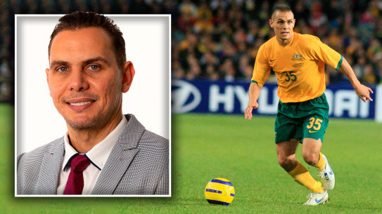 Jade North during his time as a Socceroo and (inset) in his new role at Football Australia.