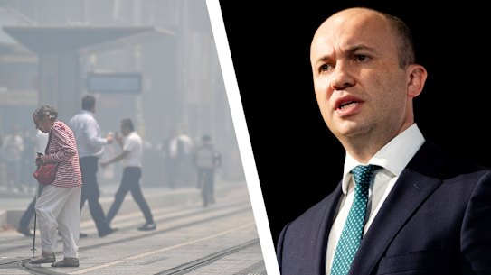 NSW Environment Minister Matt Kean says "no one can deny" that climate change is to blame for the smoke haze choking Sydney as bushfires burn across NSW. 