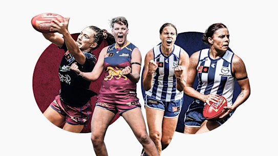 From left: Brisbane Lions duo Jade Ellenger and Dakota Davidson, and North Melbourne’s Jasmine Garner and Jenna Bruton.