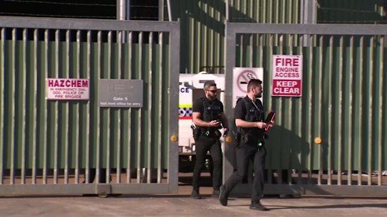 Police at the scene at Hofmann Engineering in Bassendean on Monday, where a worker was critically injured. 