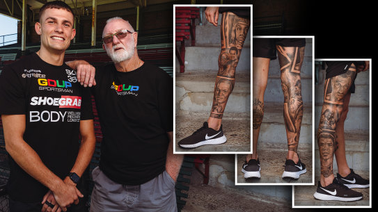 Harry Garside with legendary Johnny Lewis, and the tattoos adorning his leg (inset). 
