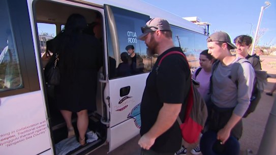 Tourists leave Exmouth via bus to drive almost six hours to Karratha, where they will be flown back to Perth. Picture: 9News Perth