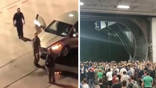 Sacked carrier's captain Brett Crozier cheered as he leaves USS Roosevelt