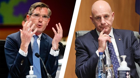 Composite: Premier of Tasmania Peter Gutwein during a national cabinet press conference at Parliament House in Canberra on Friday 11 December 2020. fedpol Photo: Alex EllinghausenNSW Treasurer Dominic Perrottet at NSW State Parliament. Budget Estimates. Story by Lucy Cormack. 7th March 2021. Photo: Edwina Pickles / SMH