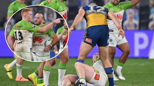 Canberra’s Corey Horsburgh struggled to contain his emotions after a tackle from Parramatta’s Ryan Matterson last year.