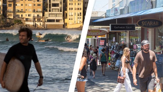 
Composite - People enjoy a warm afternoon Bondi Beach on 02 May, 2021. Photo: Brook Mitchell. WPE1MW Byron Bay town centre full of shoppers and young tourists on a summers day,New South Wales,Australia SHD NEWS. 