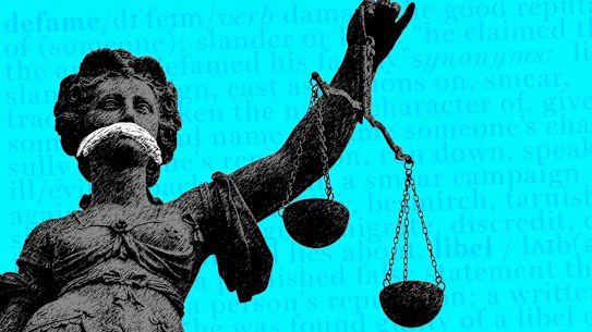 Defamation. Libel. Suppression orders. Our lady justice statue with a gag. Illustration by Matt Davidson