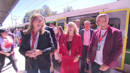Byford train station opening. WA Premier Roger Cook, Transport Minister Rita Saffioti, federal Transport Minister Catherine King, Burt MP Matt Keogh, Armadale MP Tony Buti and Darling Range MP Hugh Jones at the opening of the final stage of the Armadale line extension on Sunday, October 12.