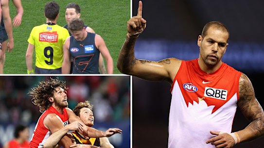 Lance Franklin (right), Toby Greene (top left) and Tom Hickey (bottom left).