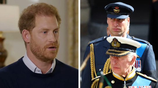 Left: Prince Harry’s interview with ITV. Right: King Charles III and Prince William, Prince of Wales attend the State Funeral of Queen Elizabeth II at Westminster Abbey on September 19, 2022. 16x9