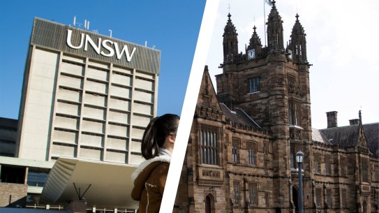 composite - AFR. Professor Ian Jacobs, Vice Chancellor of the University of NSW and chair of the Group of Eight. Ian is pictured talking to students Ray Wondal (in white t shirt), a 4th year Psychology and marketing student, and Claire Qui (in tan coat) a 3rd year psychology student.  For Rob Bolton Story. Thursday 9th August 2018. Photo: Ryan Stuart 
