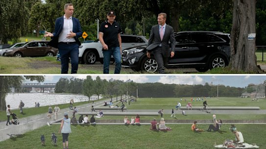 Greens' Balmain MP Jamie Parker, Planning Minister Rob Stokes and President of Balmain and District Football Club Paul Avery at Callan Park.