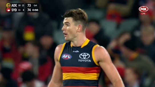 No goal: Ben Keays reacts in disbelief when his left-foot snap is adjudged a point on Saturday night.