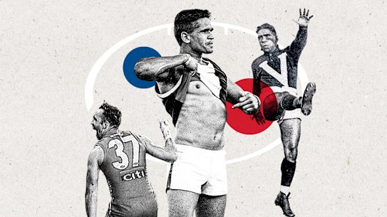 AFL racism composite illustration generic home page lead image. Winmar, Nicholls, Goodes